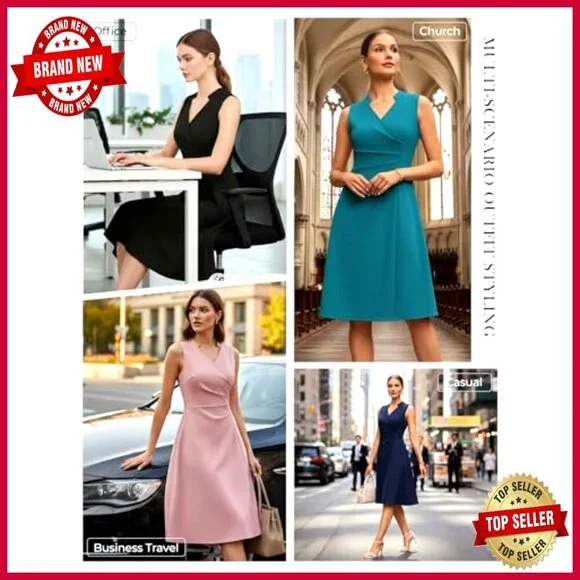 Sleeveless V Neck Midi Dress A Line Ruched Waist Business Elegant Chic - Picture 5 of 7